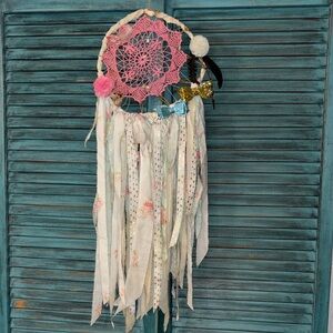 Handmade Pink Crochet & Cream Fabric Dreamcatcher Wall Hanging